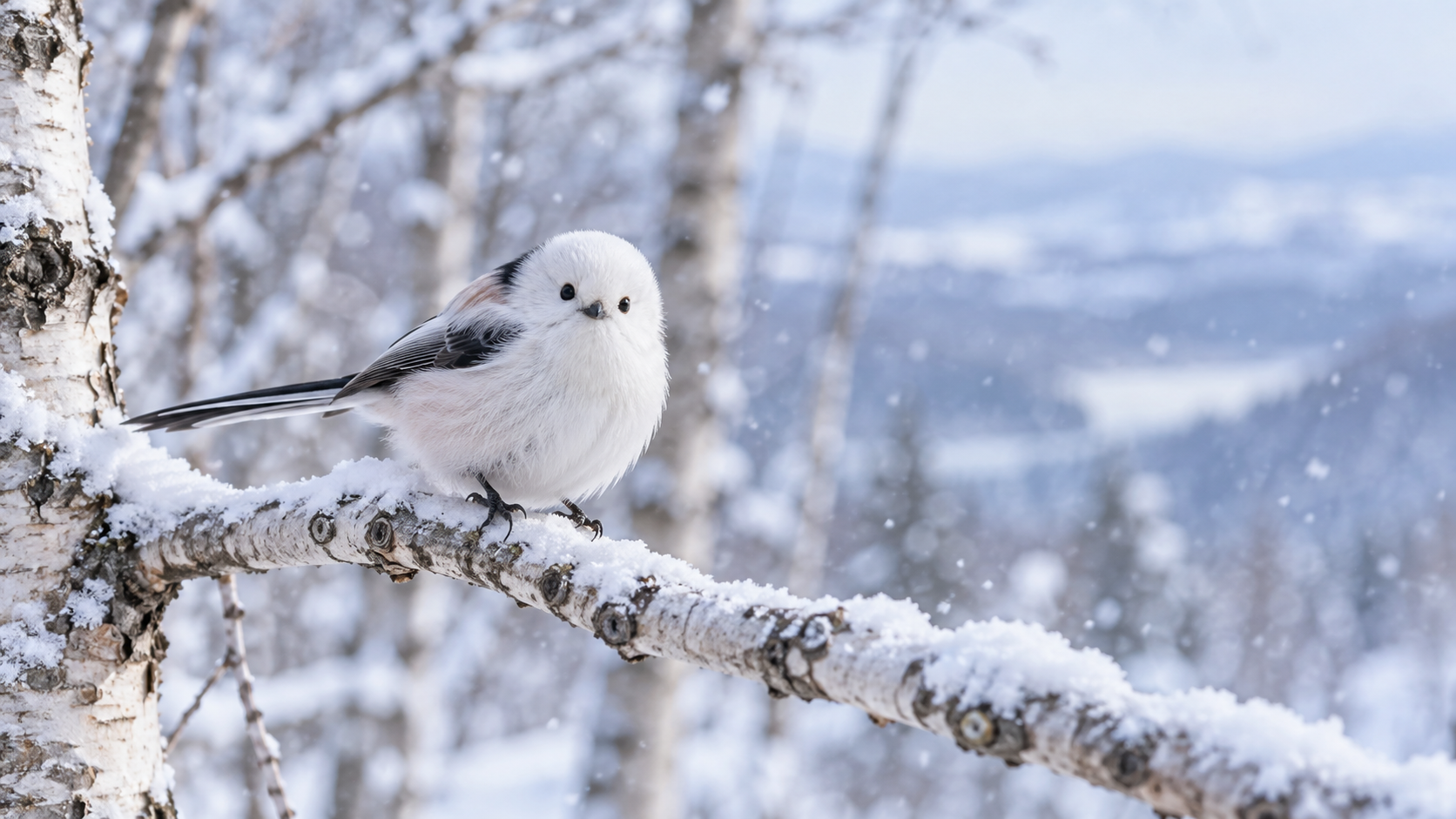 雪の積もった白樺の枝にとまるシマエナガ
