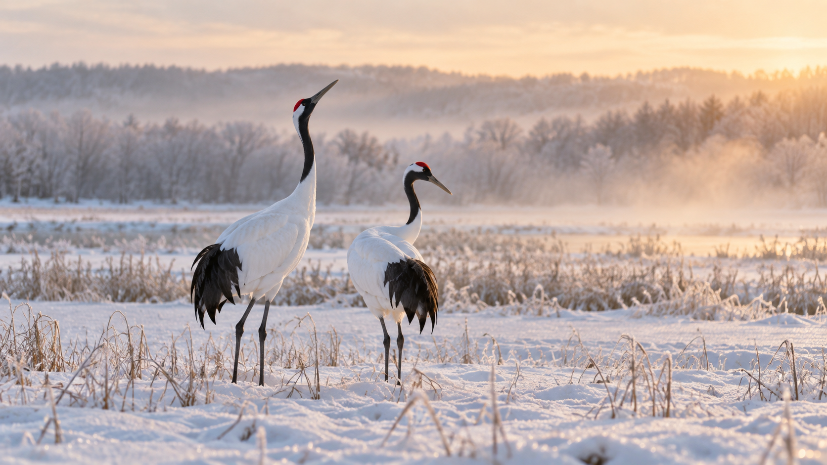 雪原の湿原に立つ二羽のタンチョウ